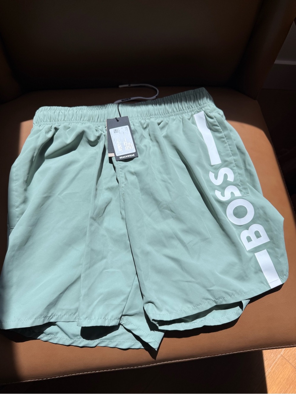 Hugo Boss Mint Green Beach Shorts with White Logo Trim